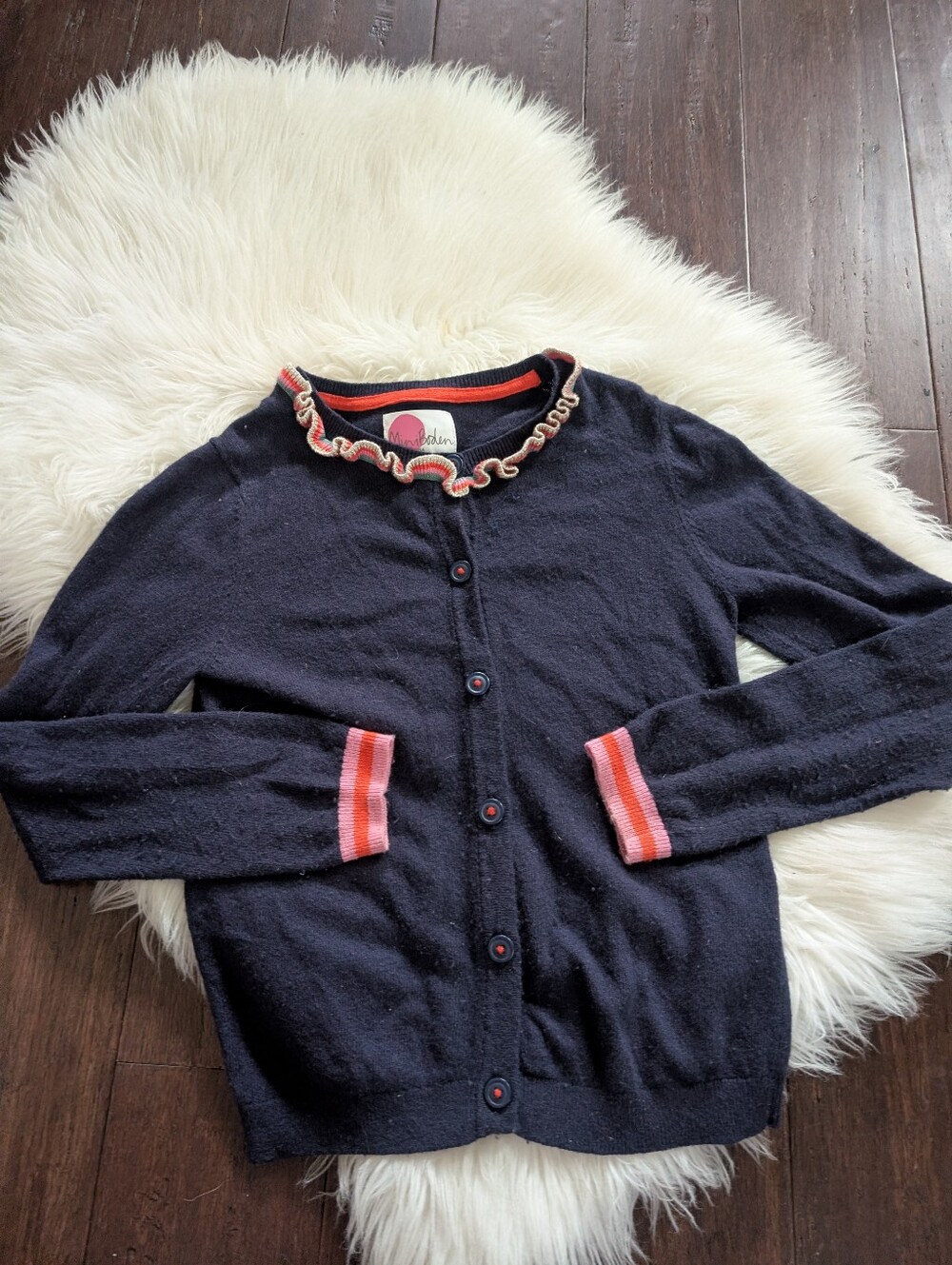 Mini Boden Navy Cardigan Coral Striped Trim Collar Wool Blend Size 9-10y